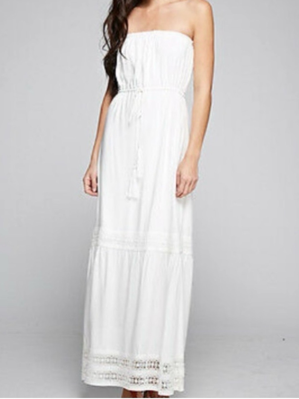 Strapless White Maxi Dress with Tassel Drawstring